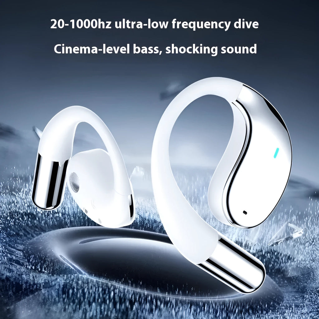 Beige and black portable sports Bluetooth earphones with over-ear hook design on a white background.