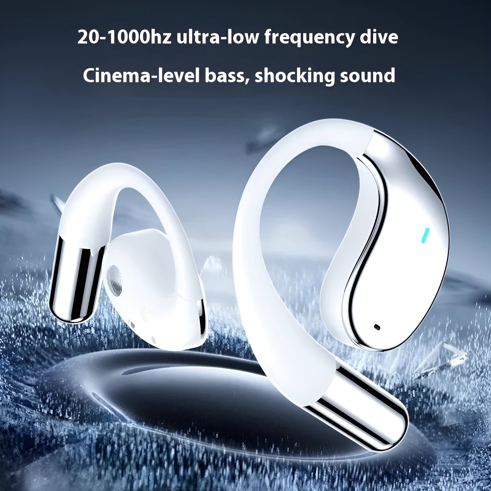 Beige and black portable sports Bluetooth earphones with over-ear hook design on a white background.
