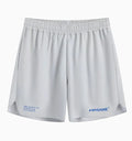 Men's grey fitness training shorts made of quick-dry polyester fabric on a plain background.