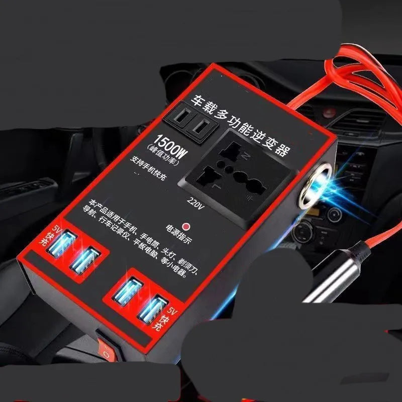 Black automotive power converter converting 12V/24V vehicle power to 220V with USB charging ports