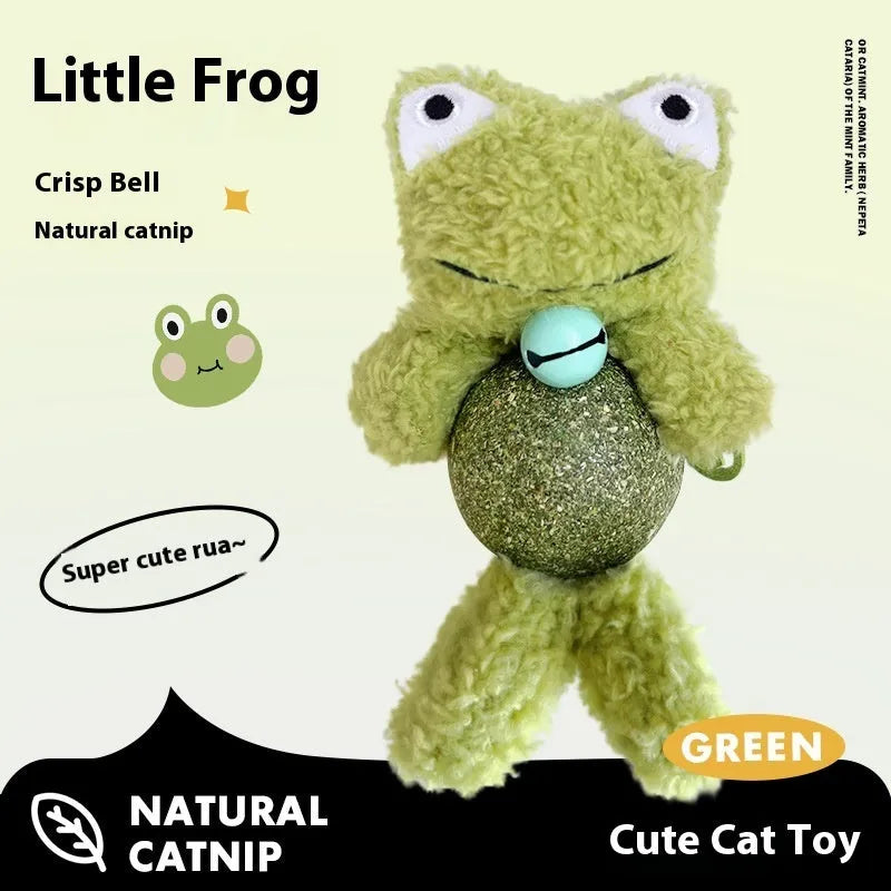 Plush catnip ball toy with bell in brown bear, pink rabbit, piyopiyo or green frog designs