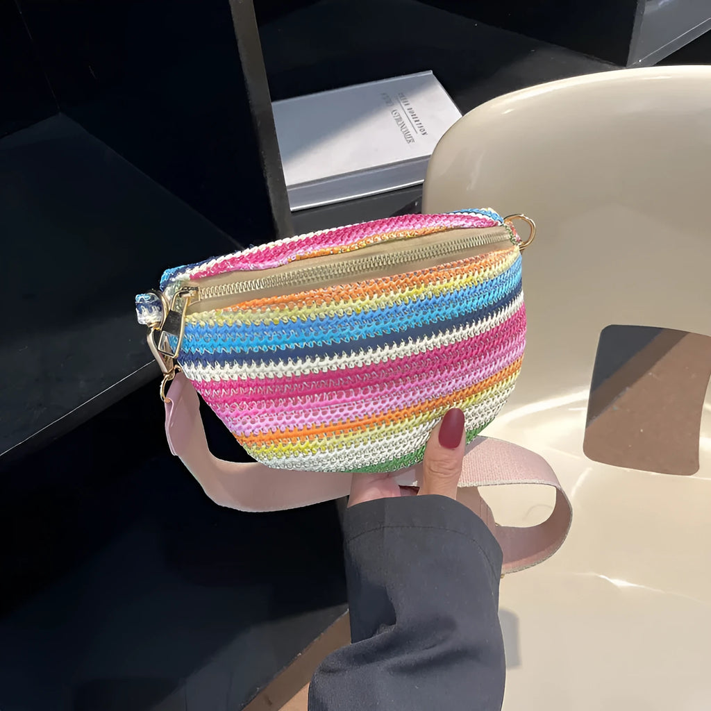 Blue straw woven women's shoulder bag with shell shape and internal zipper compartment