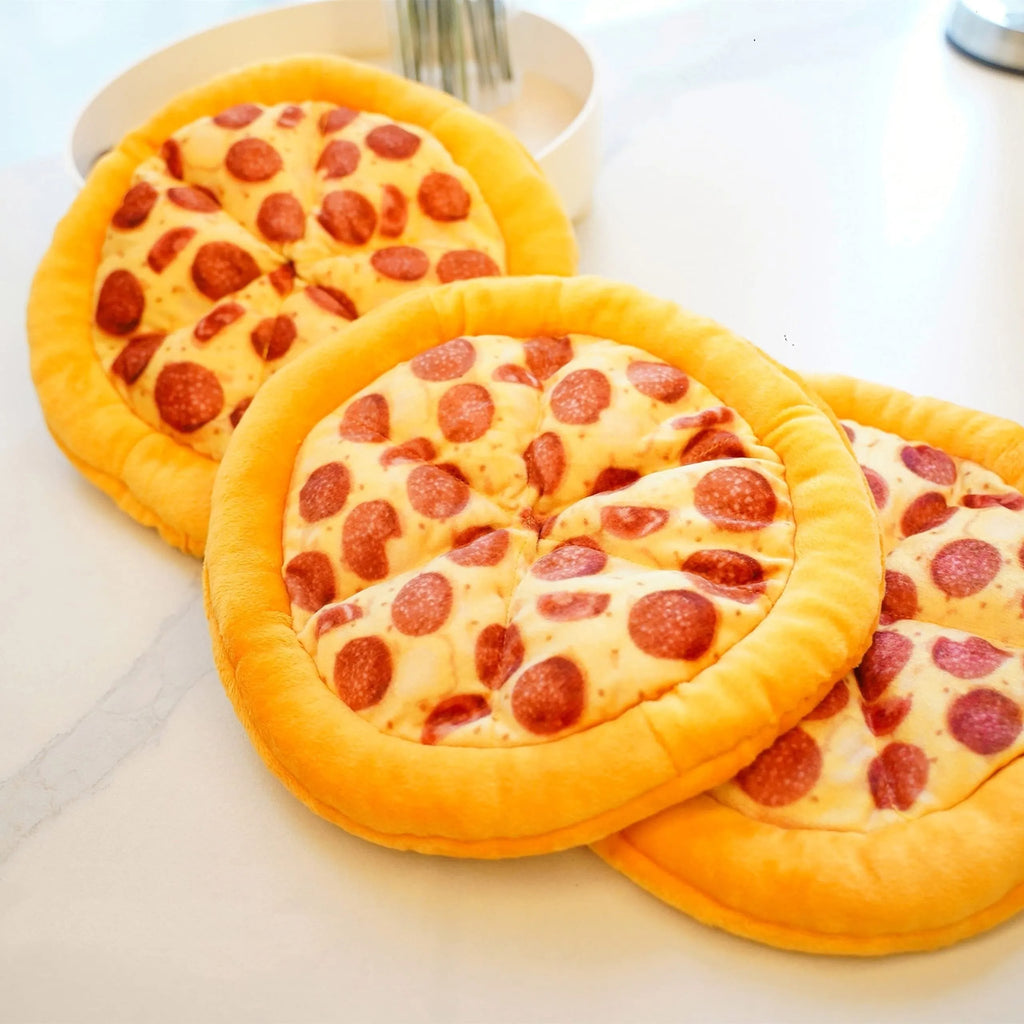 Yellow teddy bear shaped pizza dog chew toy with squeaker.