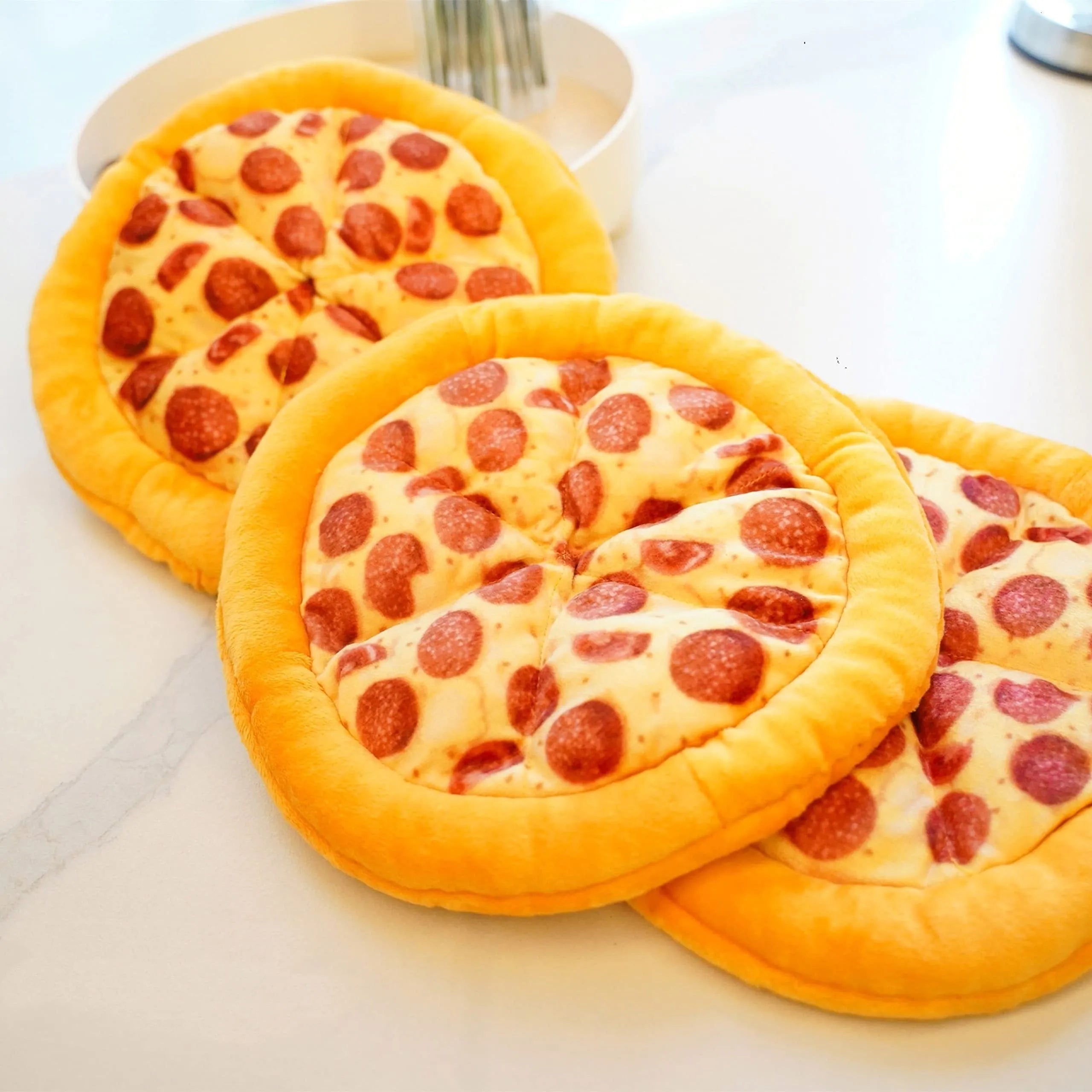 Yellow teddy bear shaped pizza dog chew toy with squeaker.
