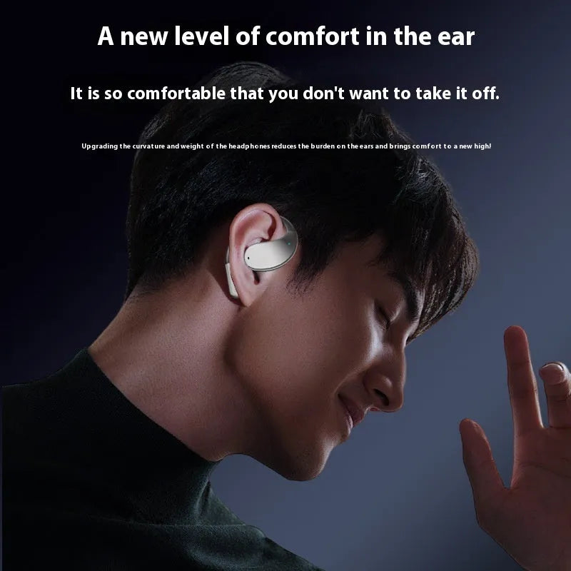 Beige and black portable sports Bluetooth earphones with over-ear hook design on a white background.
