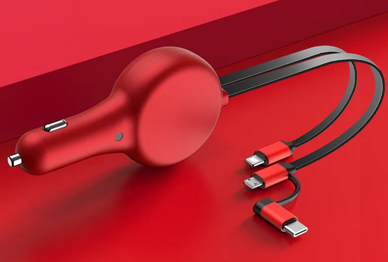 Black retractable car charger with extended cables showing dual USB ports and compact design