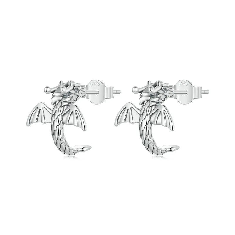 Women's retro handmade oxidised 925 silver flying dragon stud earrings, 13x13mm, 2.6g