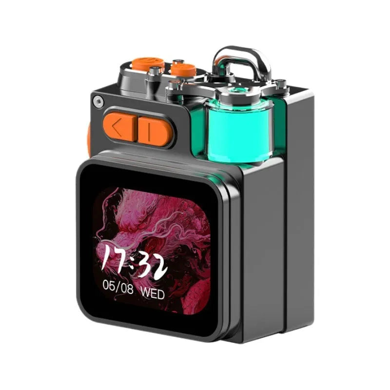 Dark grey touch screen wireless Bluetooth speaker showing compact rectangular design with display