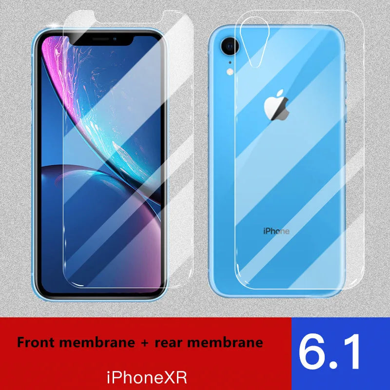 Apple iPhone tempered glass screen protector set showing front and rear film with true 10D explosion-proof construction