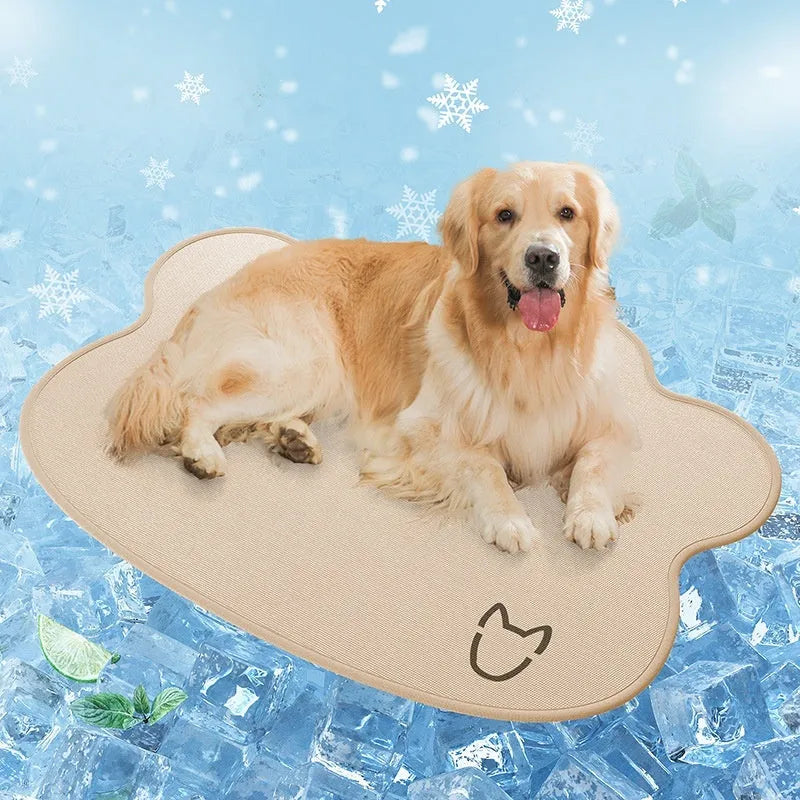 Ice silk dog cooling mat with dog head pattern in light grey on a wooden floor