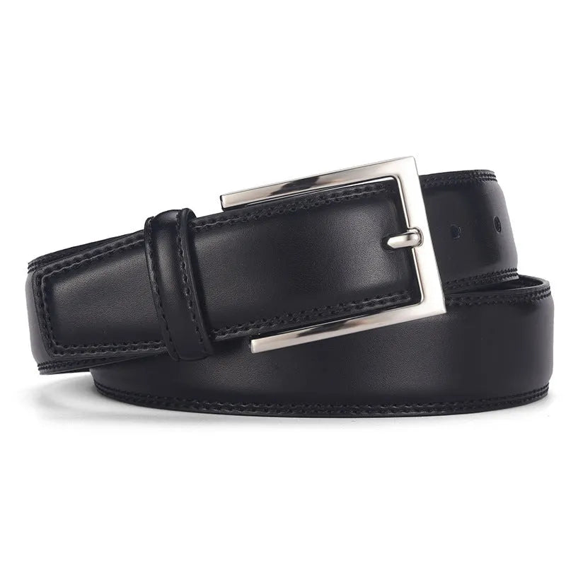Men's leather belt with pin buckle in genuine cowhide leather showing colour variations