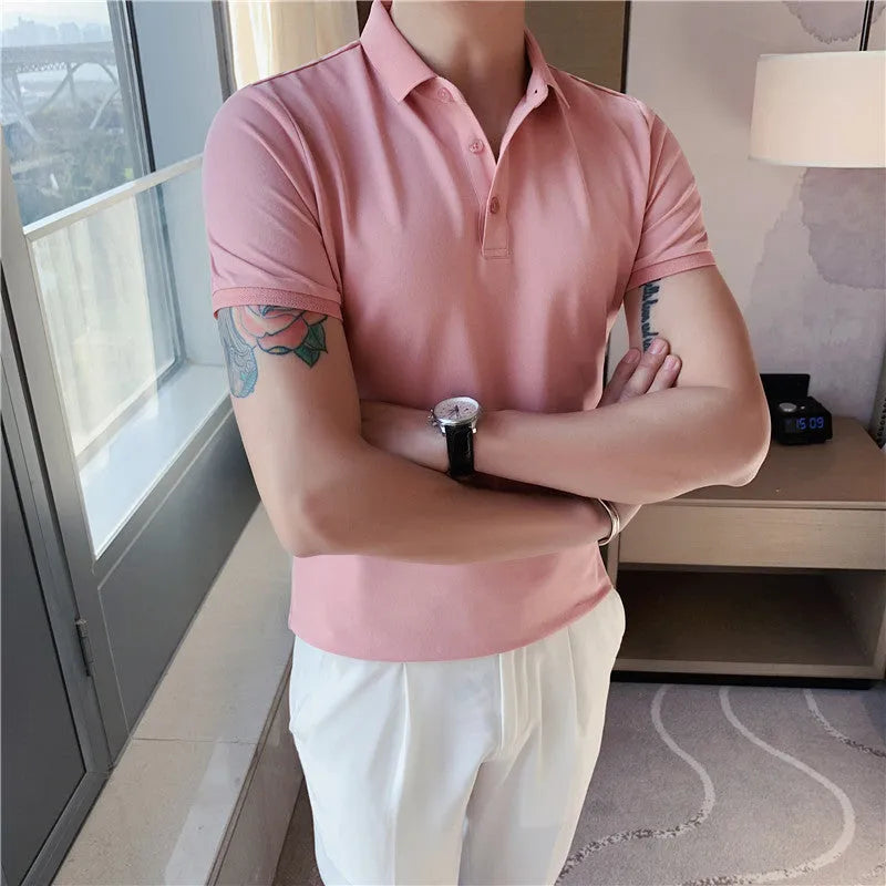 Solid colour cotton blend polo shirt with lapel collar and short sleeves in tight Korean fit.
