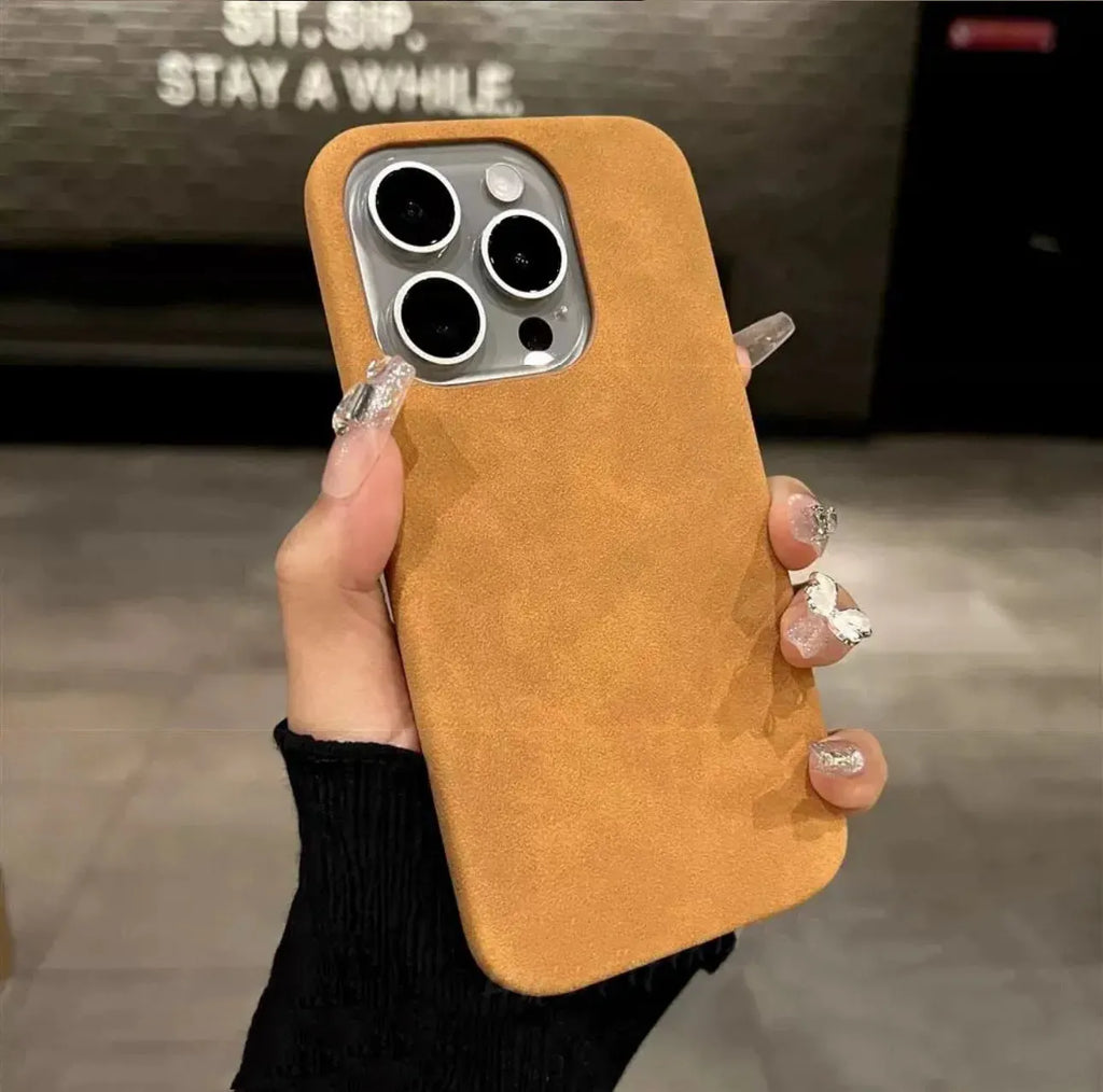 Imitation leather suede phone case in light grey with frosted finish for iPhone 16 Pro Max