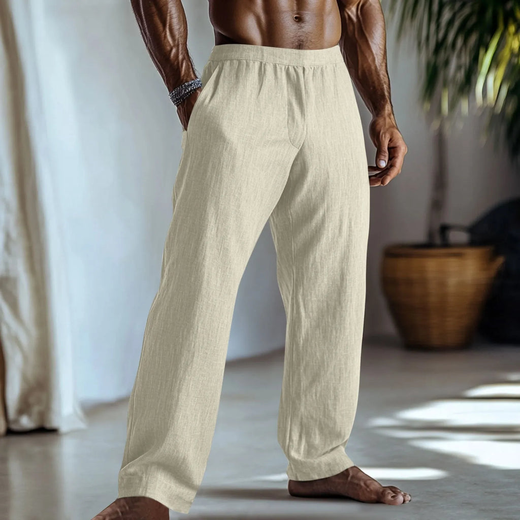 Straight-leg casual trousers in cotton and linen fabric, shown in light green colour with visible pockets.