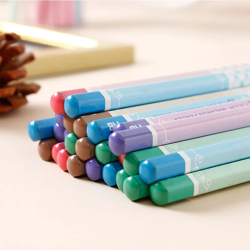 Barrel of 50 basswood six-angle thermal transfer pencils with HB refills on a work surface.