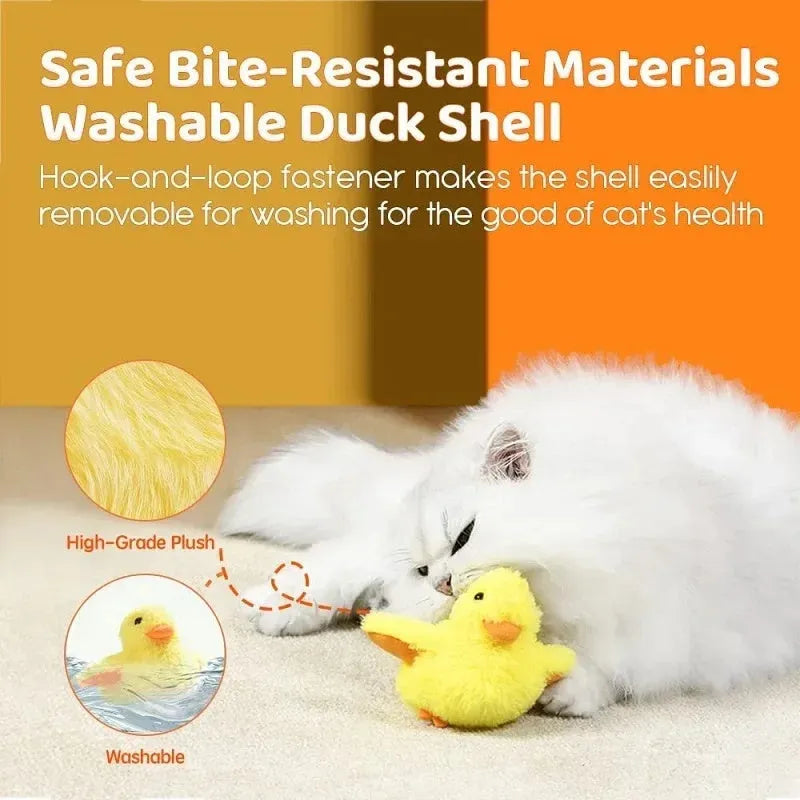 Yellow polyester plush duck cat toy with electric flapping wings on green background