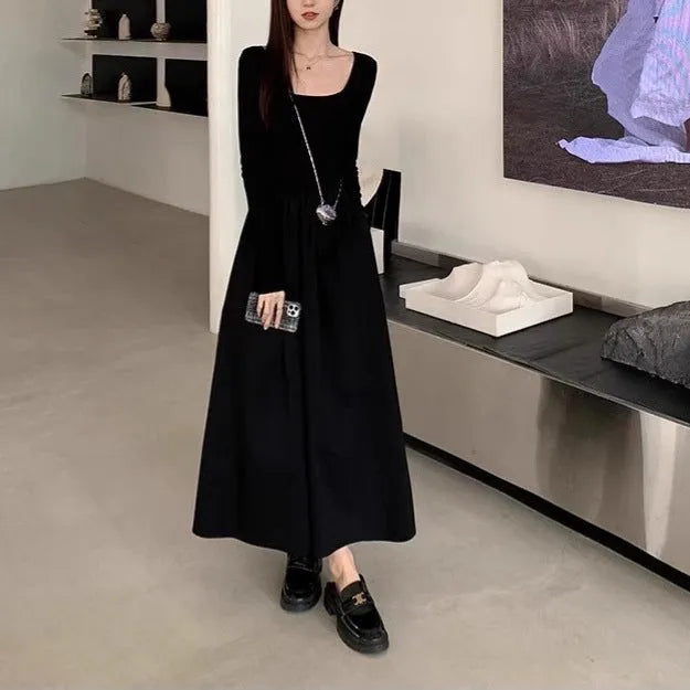 Black or grey square collar knitted dress with elastic waist and long A-line skirt