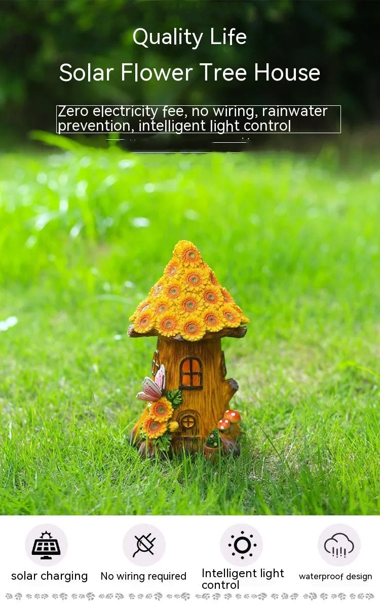 Resin solar lamp decoration tree house hand-painted cartoon pastoral style for outdoor garden lawn