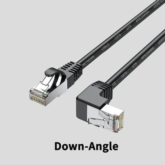 Cat6 Ethernet cable with right-angled RJ45 connector in various colours and lengths