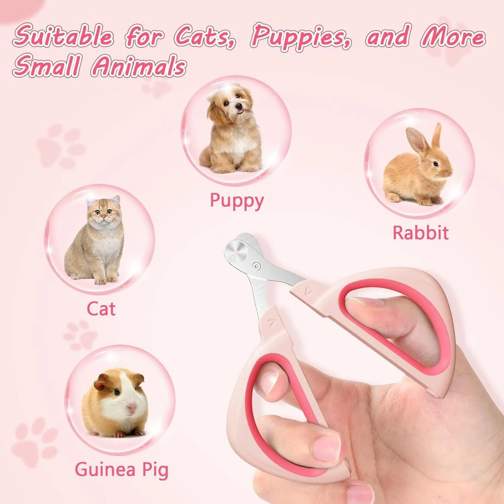 Cat nail clipper with positioning hole and stainless steel blade on pink background