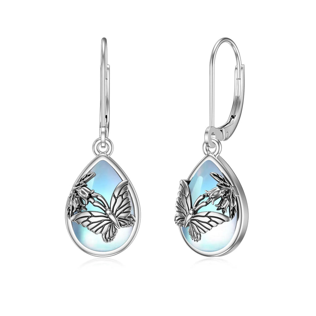 925 sterling silver butterfly leverback earrings with moonstone gemstone, silver colour, for women
