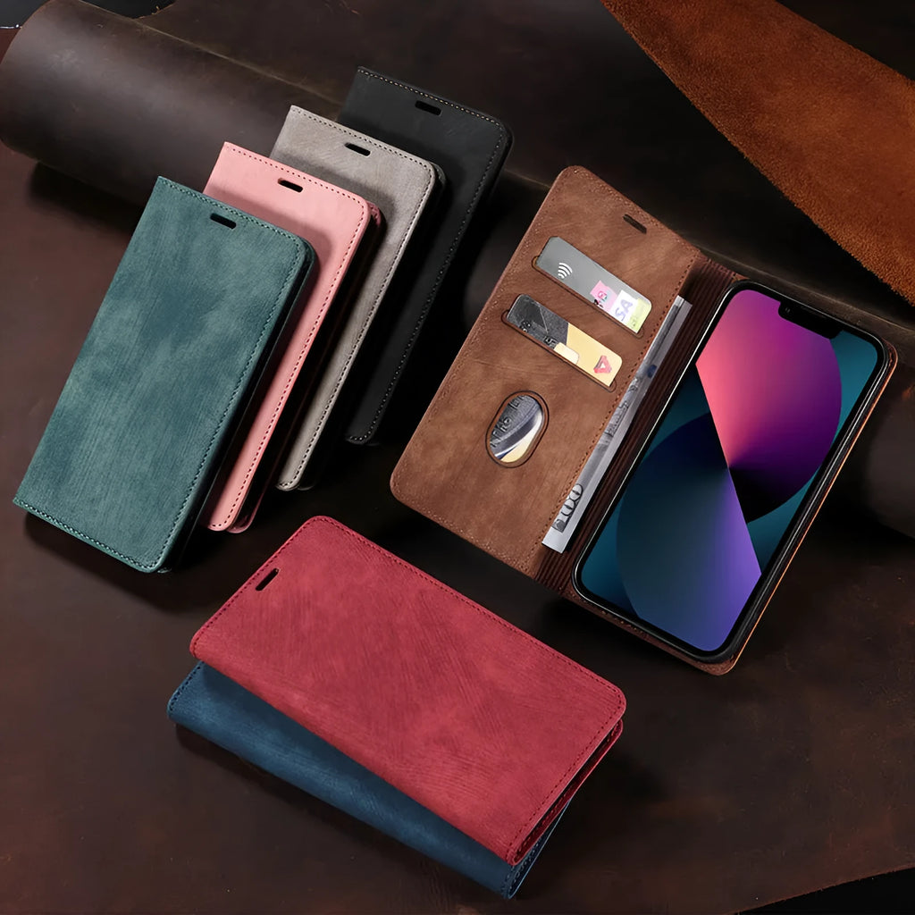 Magnetic flip phone case for iPhone in black, showing TPU frame and leather cover.
