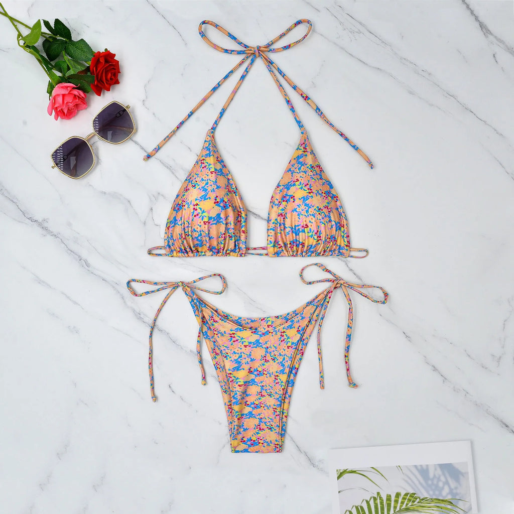 Women's lace-up bikini swimsuit with European split style and backless design in polyester fabric