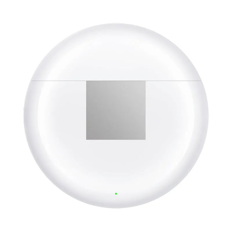 White Budz5 J6 wireless Bluetooth semi-in-ear headphones with charging case on a white background.