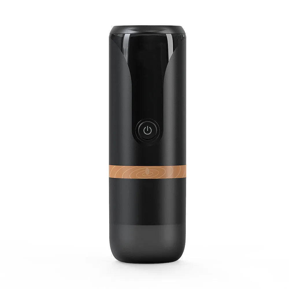 Portable camping coffee maker with plastic body, 75mm x 228mm, showing double mode for ground coffee and capsule holders