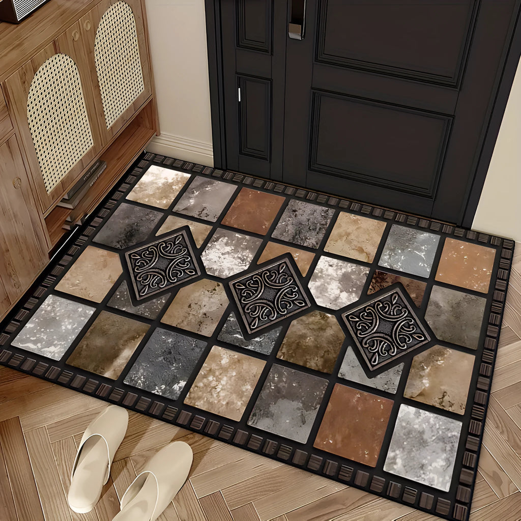 Black and white plaid crystal velvet floor mat, cobblestone colour, on a tiled floor with non-slip backing