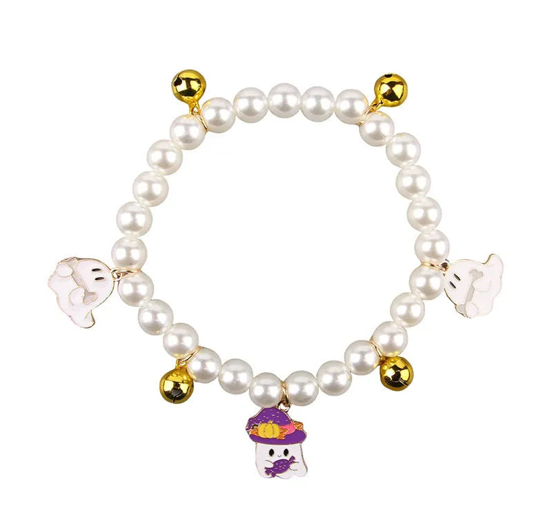 Simulated pearl Halloween cat collar with pumpkin and ghost decoration designs
