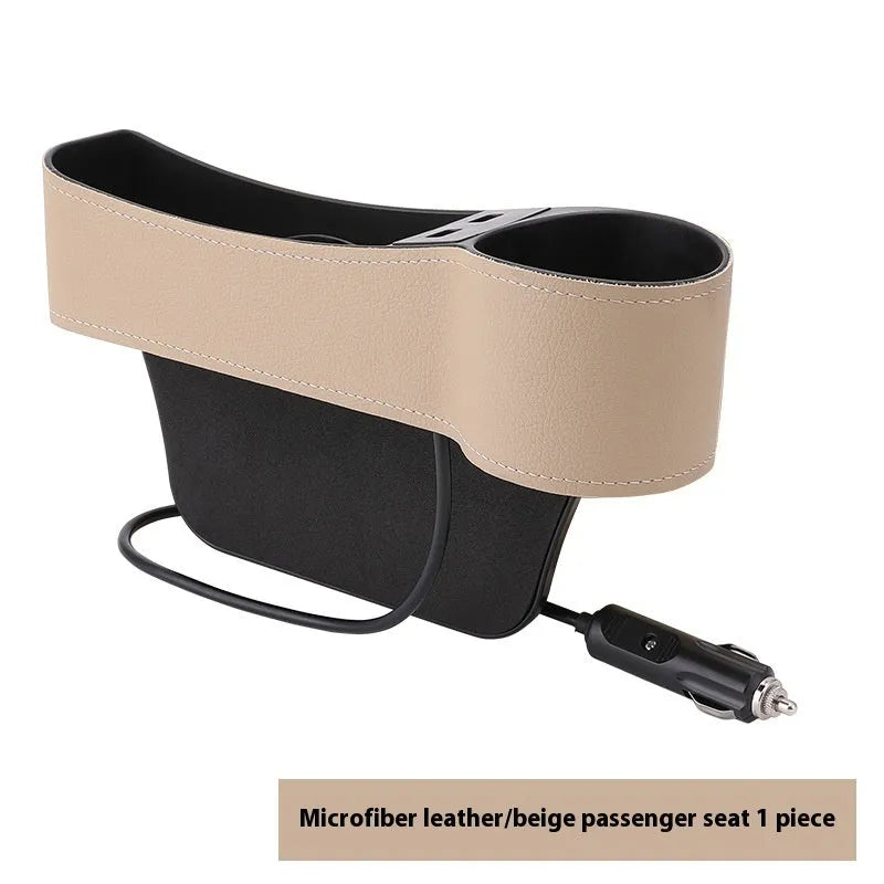 Car seat gap storage box with dual USB ports and PU leather finish in black and red, fitted between seat and centre console