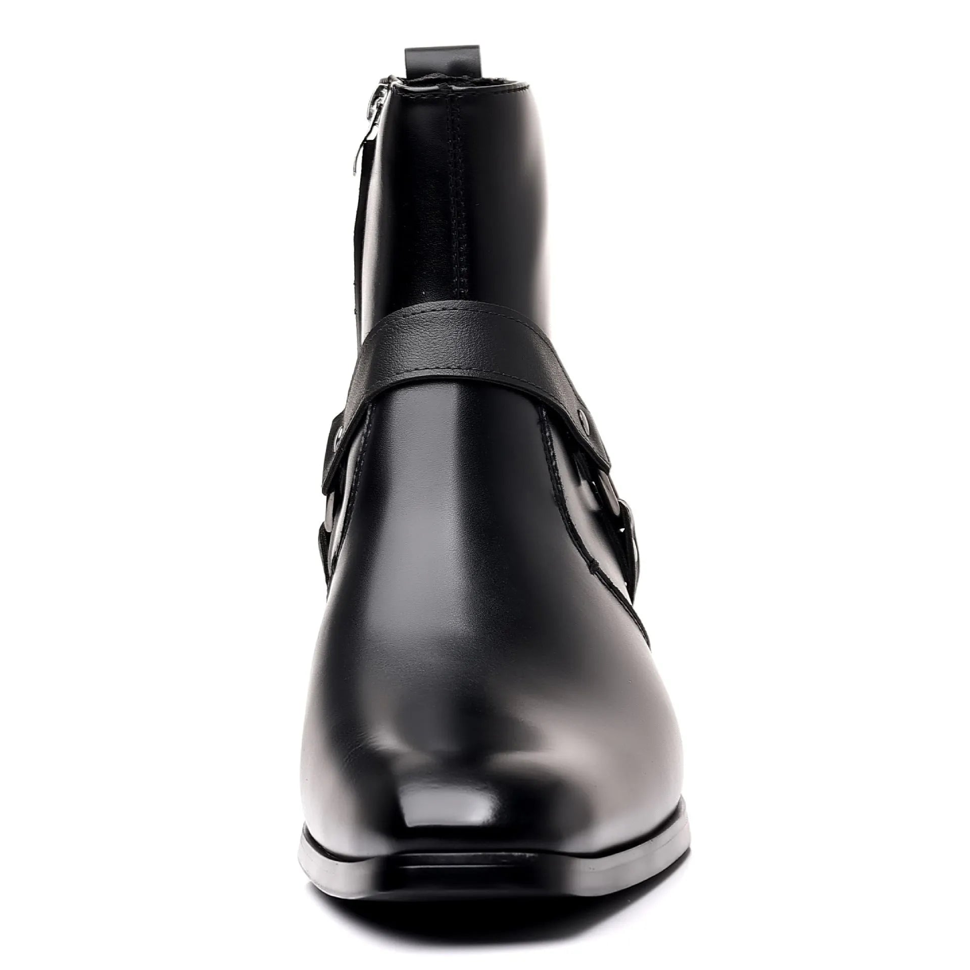 Trendy wild chain boots for men and women in black, artificial PU upper, rivet detail, side zipper, horse-shoe heel