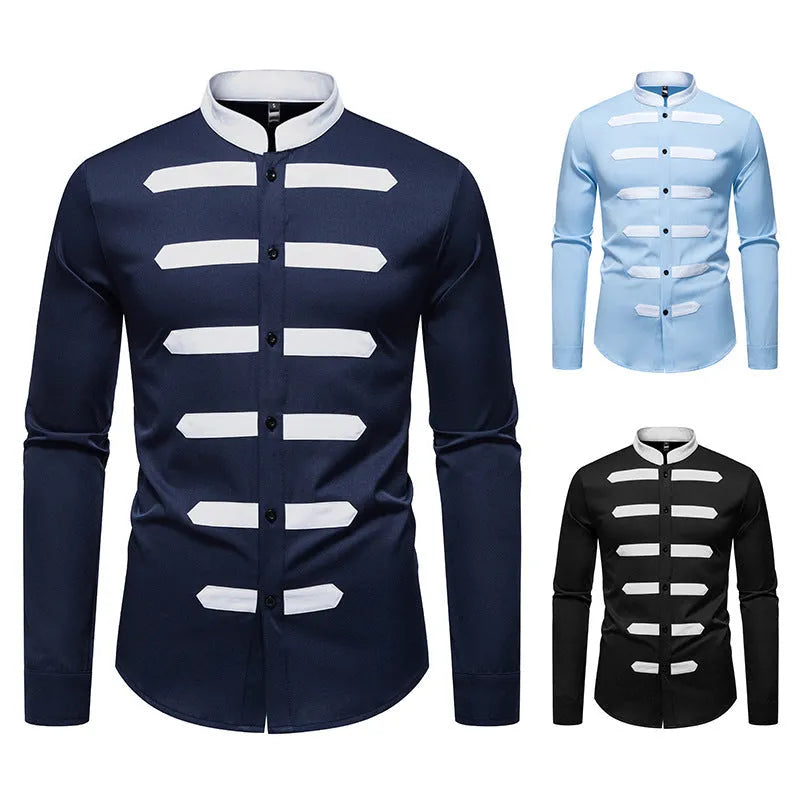 Men's casual long sleeve shirt with black and white stitching, slim fit, cardigan style, polyester fabric