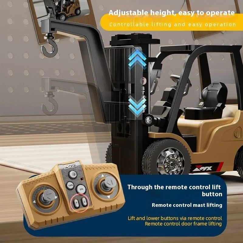 1:64 scale mini alloy forklift remote control toy with cargo accessories on display
