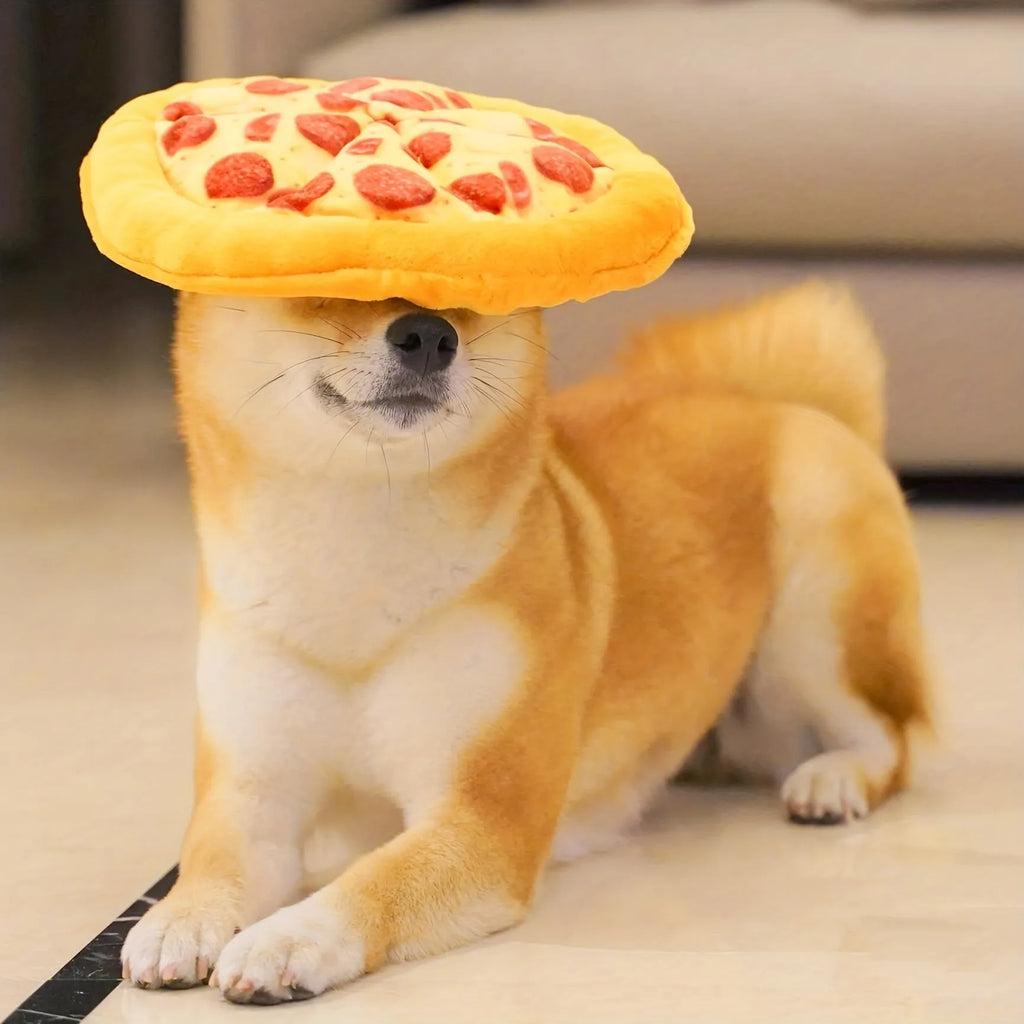 Yellow teddy bear shaped pizza dog chew toy with squeaker.
