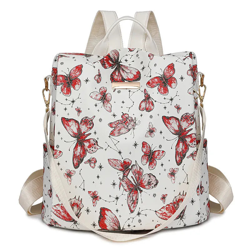 Butterfly print PU backpack on a physiological curve backplate, shown in khaki colour.
