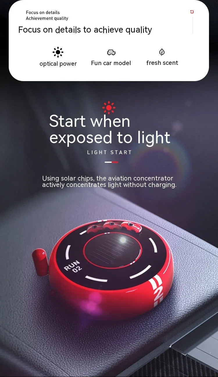 Round car-shaped solar aromatherapy decoration for vehicle interiors in choice of colours