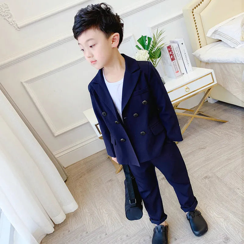 Children boys two-piece suit with long-sleeve shirt and trousers in solid colour cotton blend spring wear