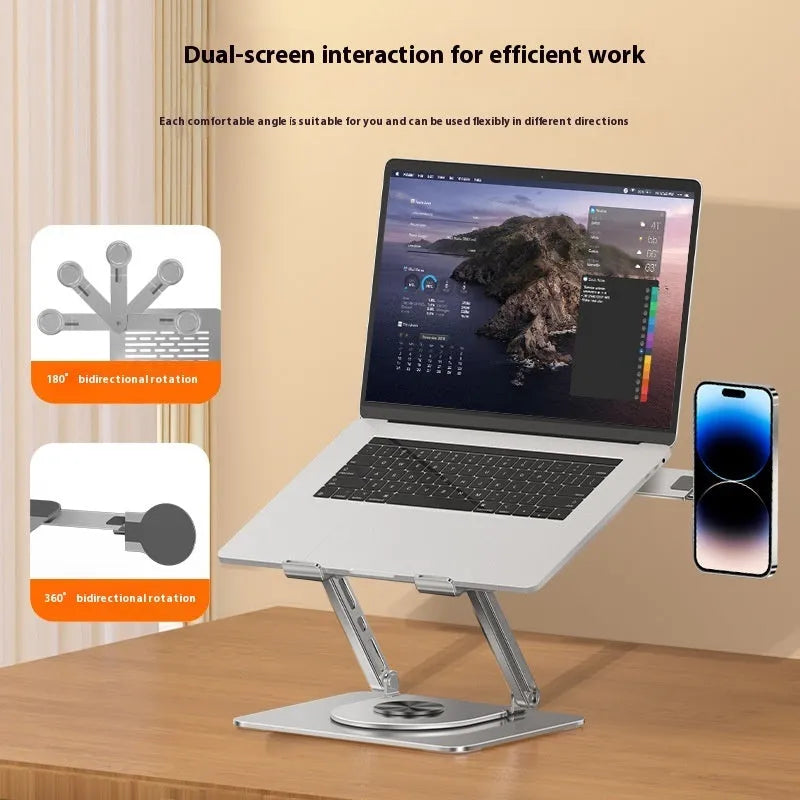 Silver carbon steel laptop stand with rotating base and side-mounted magnetic phone holder