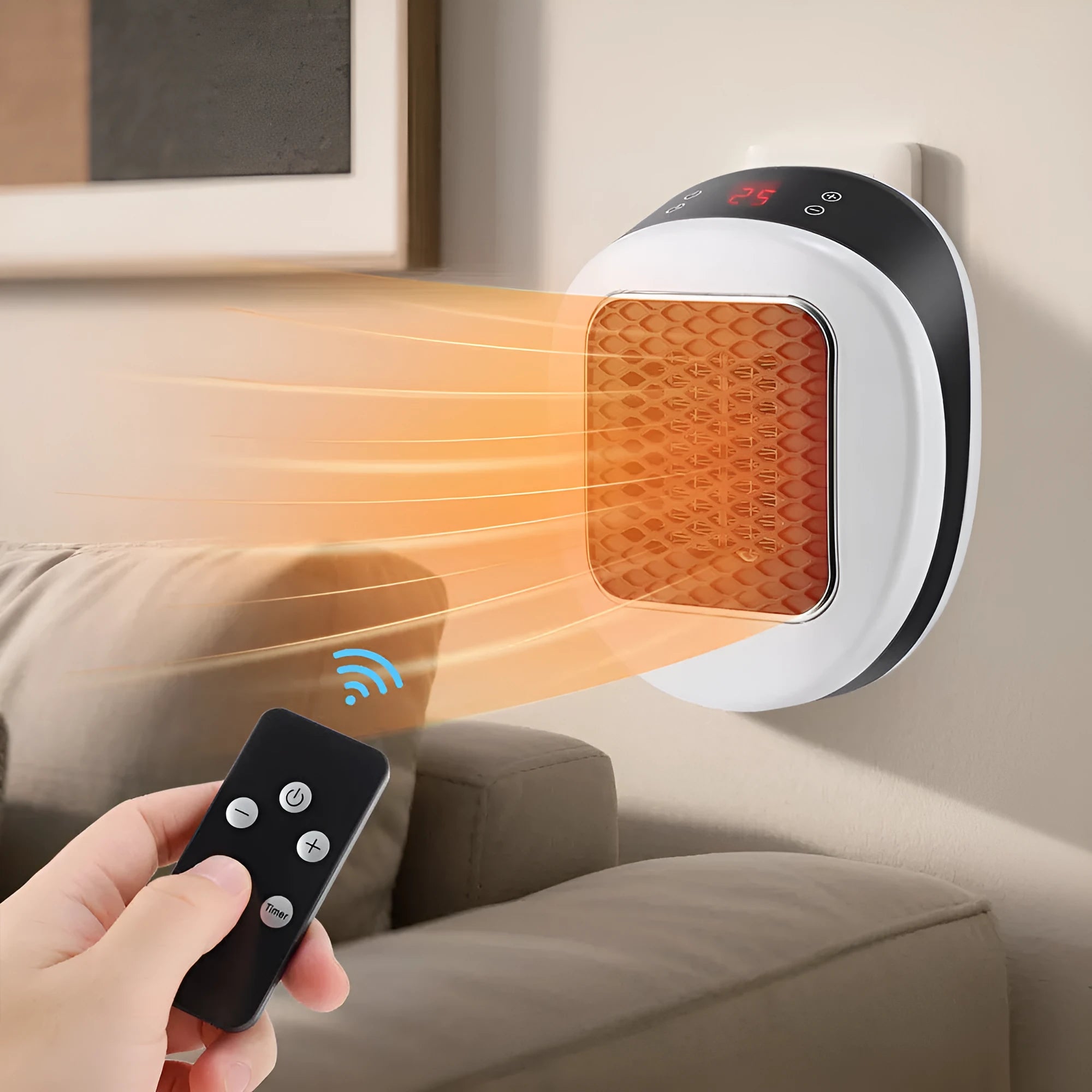 White ceramic electric heating blower with remote control on table