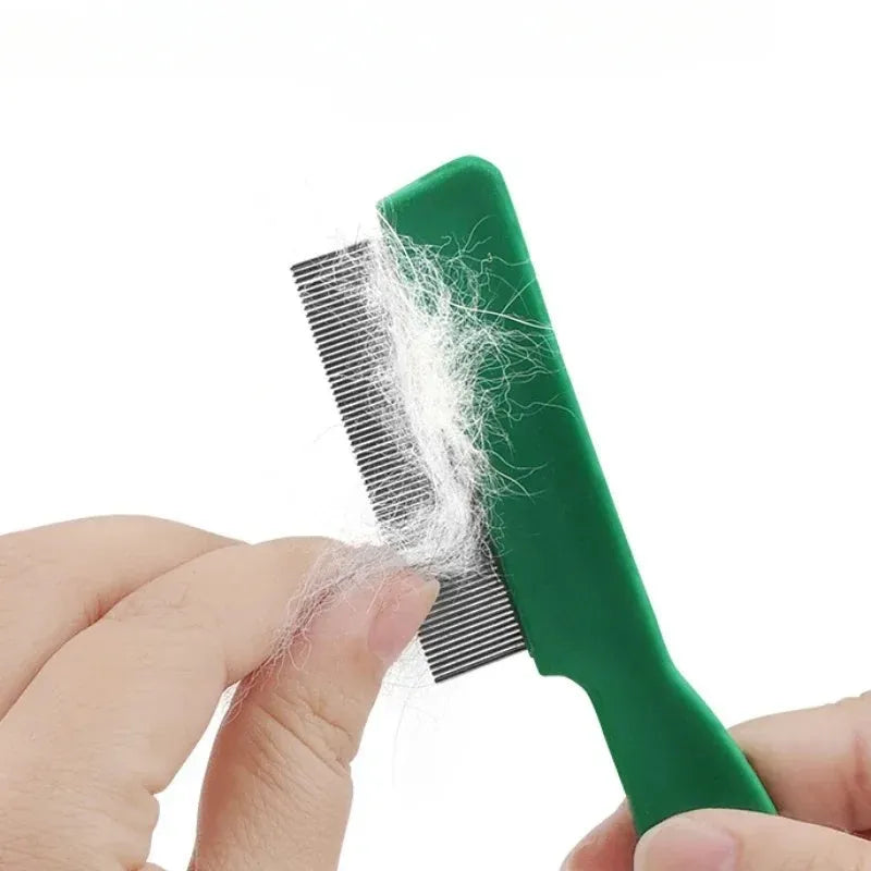 Green pet flea comb with stainless steel pins and plastic handle for dog and cat grooming