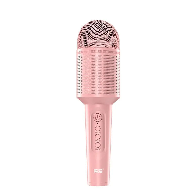 Wireless Bluetooth karaoke microphone in pink, blue, or green with USB port.