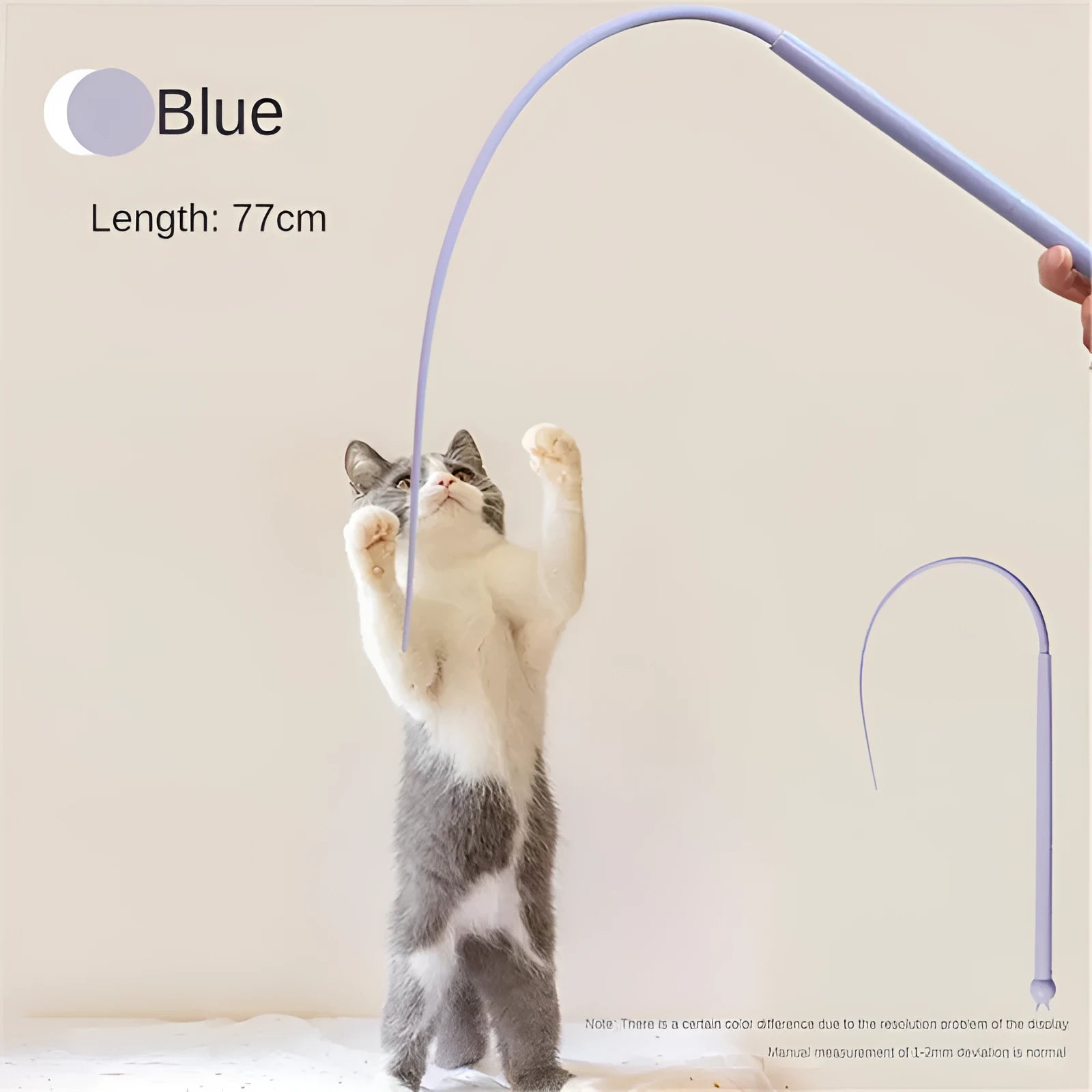 Blue cat teasing wand with long silicone mouse tail and cat head handle on white background