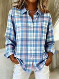 Women's long-sleeved lapel plaid button shirt top in polyester cotton blend, retro cardigan style, light brown colour