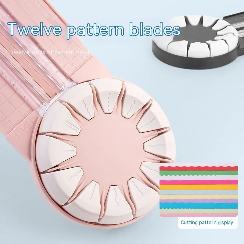 12-in-1 plastic paper cutting machine in pink colour on white background