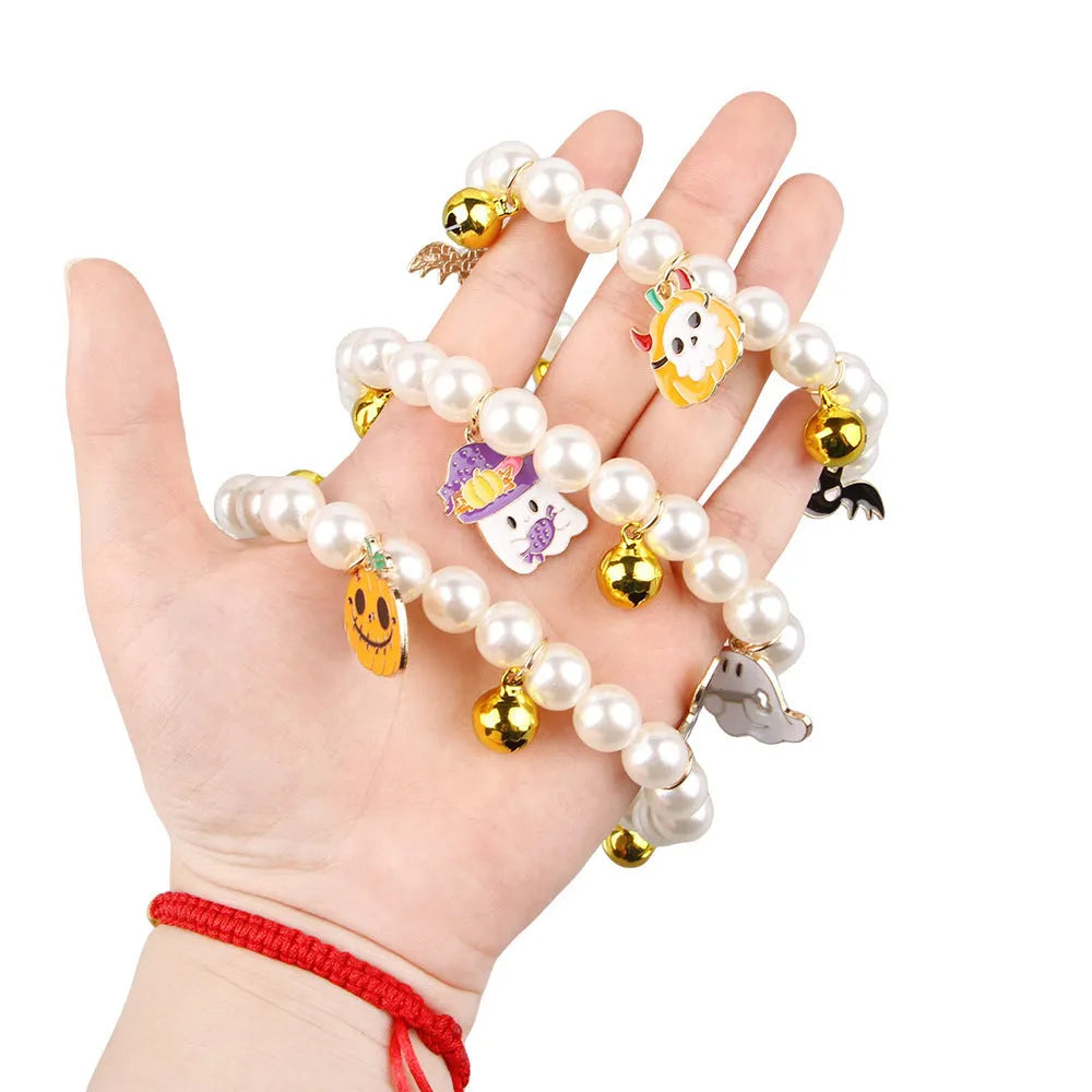 Simulated pearl Halloween cat collar with pumpkin and ghost decoration designs