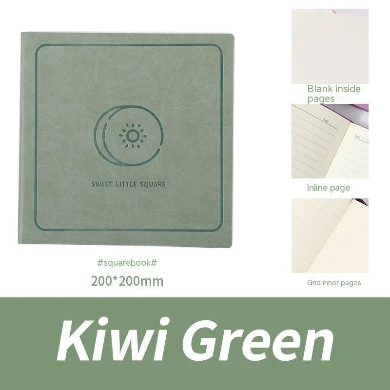 Square notebook with faux leather cover in Large Avocado Green showing blank mesh pages and French fold binding