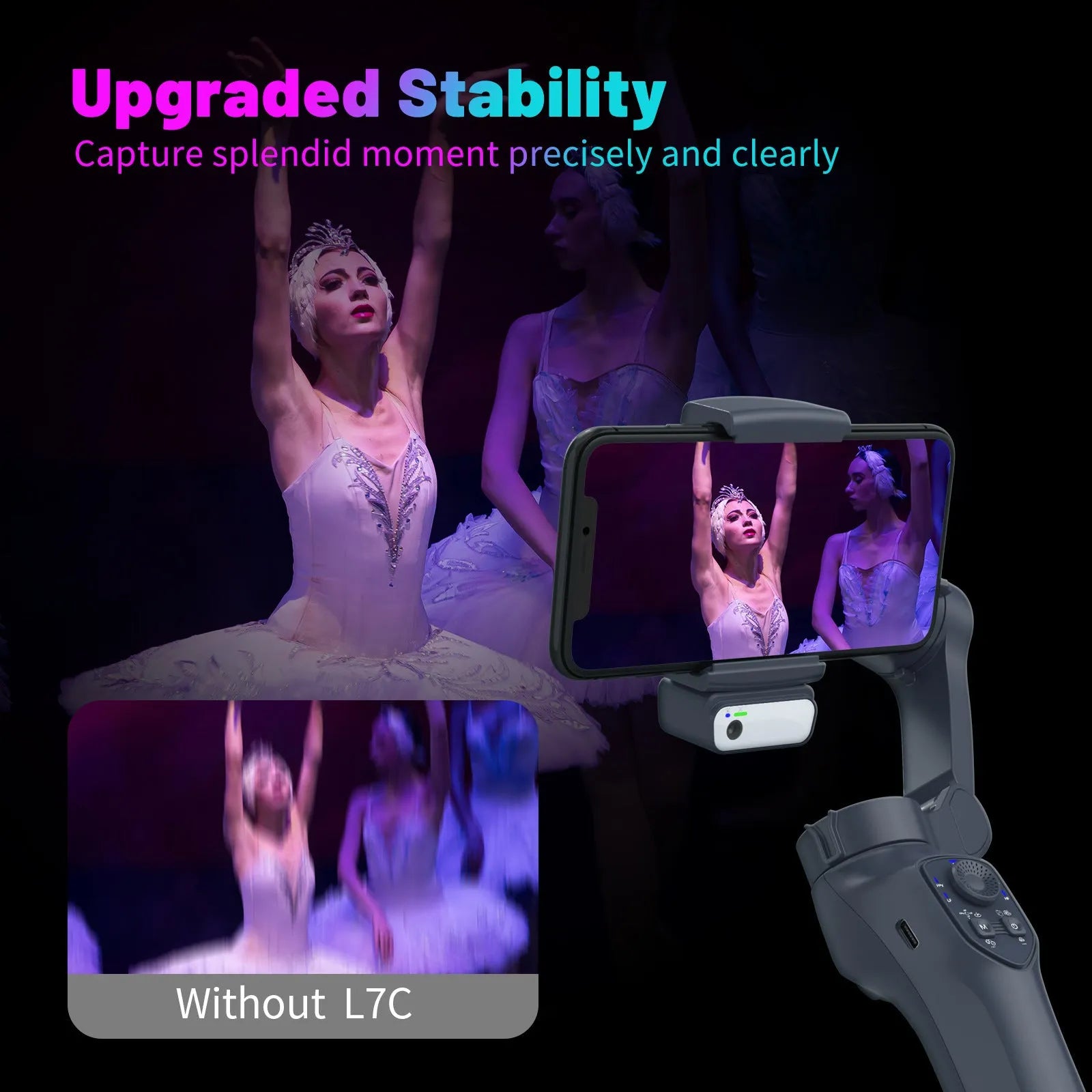 Handheld camera stabilizer tripod head in L7Cpro gun colour with foldable arms and AI RGB lighting.