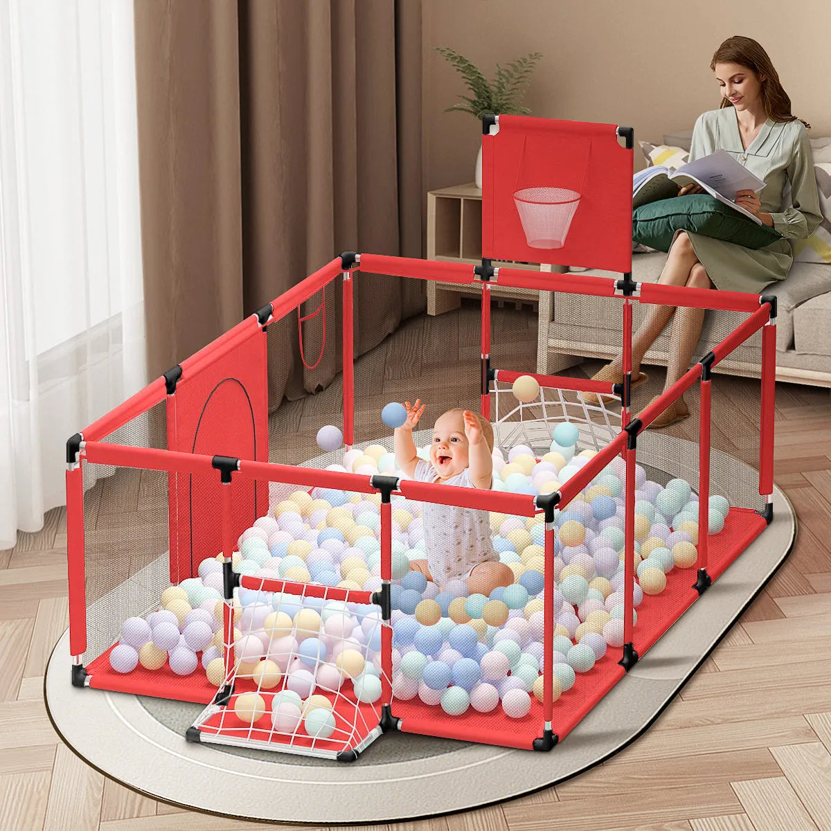 Children's tent playpen with Oxford cloth fence and stainless steel frame in dark grey, 1.22x2.3x1.05m, for indoor play